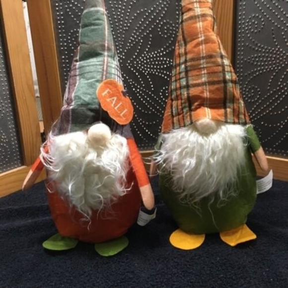 Thanksgiving Gnome Decoration Set 2 Fall Decor Harvest Orange Green Plaid Fabric - Picture 4 of 10